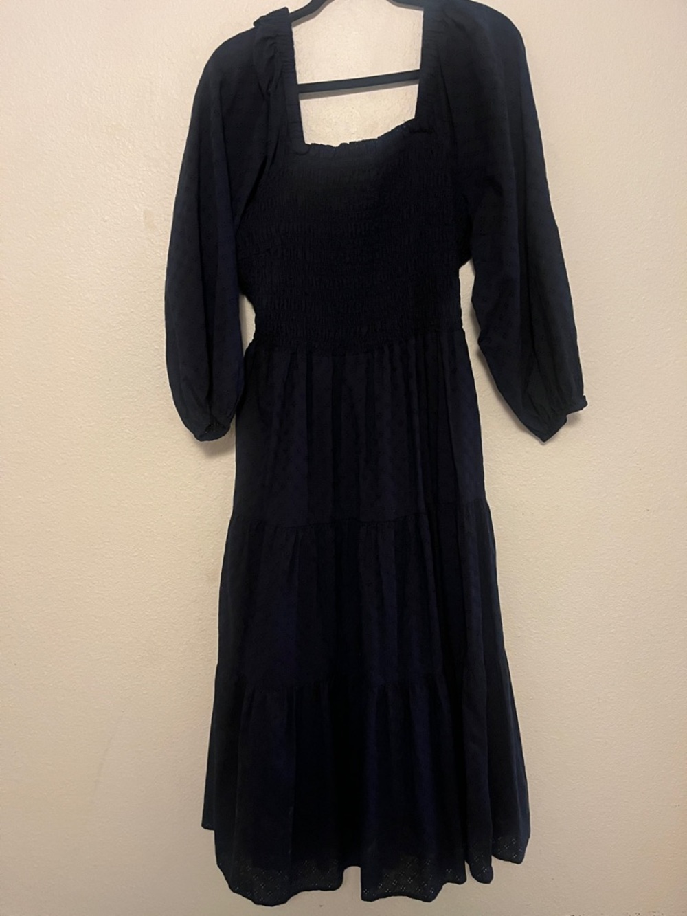 Madewell eyelet Black Puff-Sleeve Smocked Midi Dress